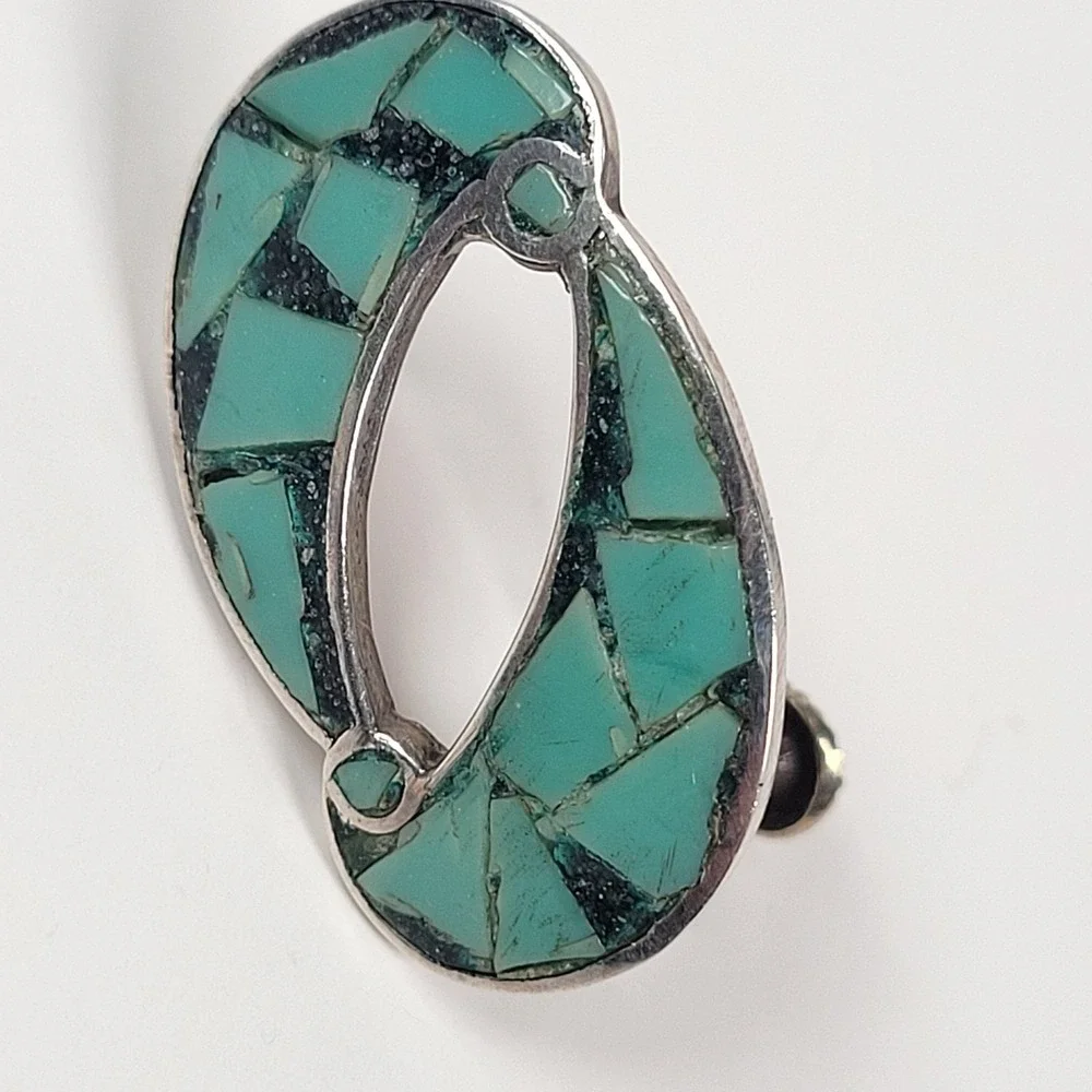 Vtg Taxco 925 Sterling Earrings Turquoise Mosaic Screw‎ Back Teardrop Signed LL